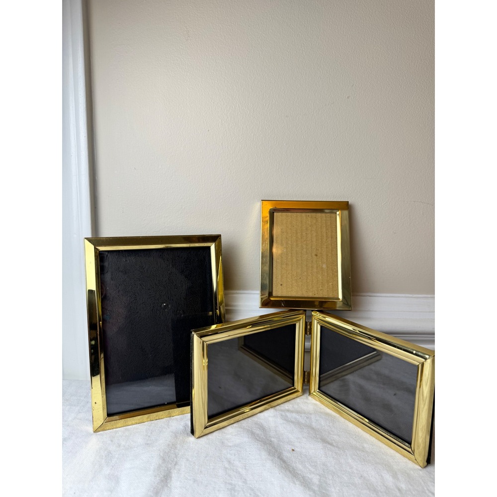 Vintage Metal Brass Photo Frame Set 4 Piece Hinged Double Tabletop Wall Mount